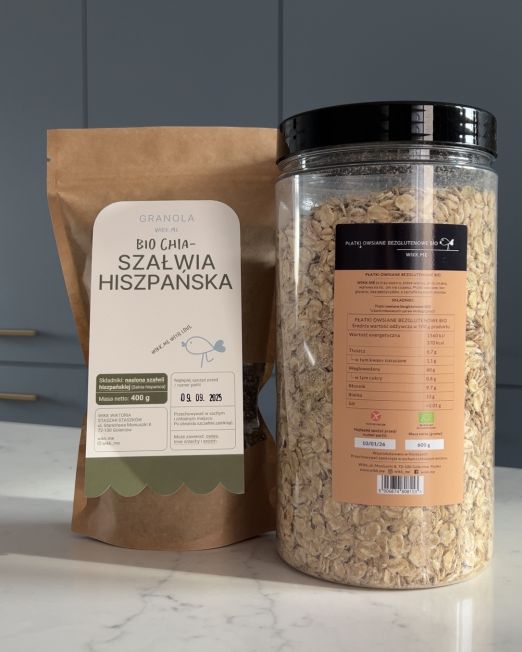 Naturalny zestaw śniadaniowy: chia BIO i płatki owsiane bez glutenu. Idealne do owsianki, smoothie i zdrowych deserów.