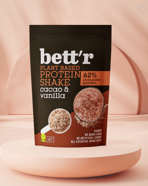 BIO Protein Shake Cacao & Vanilla Bett’r – organiczny, roślinny koktajl białkowy bez cukru. Kakao Peru, wanilia, białko grochu i ryżu. wikk.me