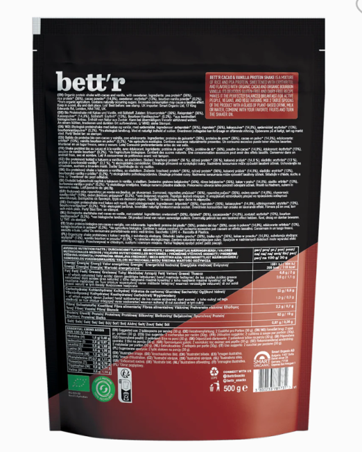BIO Protein Shake Cacao & Vanilla Bett’r – organiczny, roślinny koktajl białkowy bez cukru. Kakao Peru, wanilia, białko grochu i ryżu. wikk.me