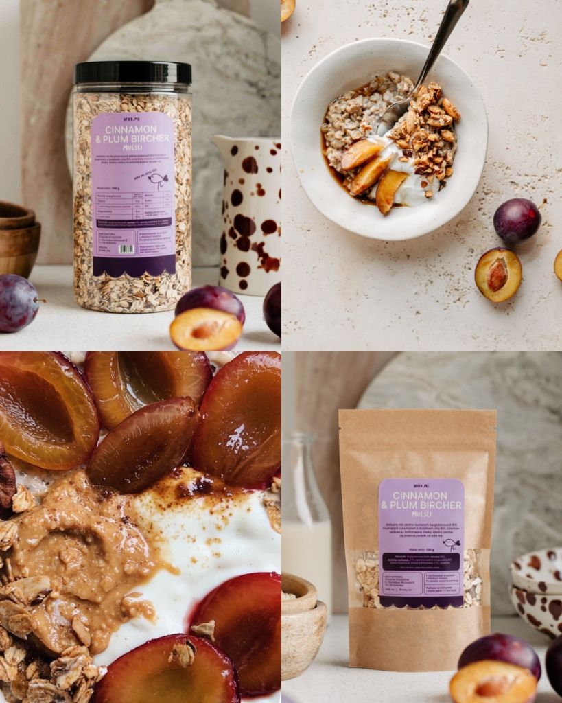płatki owsiane bio. Jest też chia, dzięki której mieszanka jest sycąca – bogata w białko i błonnik. Co oprócz tego? Tylko trzy składniki: chrupiące orzechy nerkowca, aromatyczne liofilizowane śliwki i wyjątkowo jesienny składnik: cynamon.