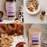 płatki owsiane bio. Jest też chia, dzięki której mieszanka jest sycąca – bogata w białko i błonnik. Co oprócz tego? Tylko trzy składniki: chrupiące orzechy nerkowca, aromatyczne liofilizowane śliwki i wyjątkowo jesienny składnik: cynamon.